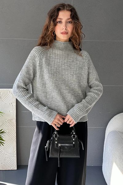 Butik Women's Gray Color Half Turtleneck Ribbed Knitwear Long Sleeve Sweater |   Trend Winter Season