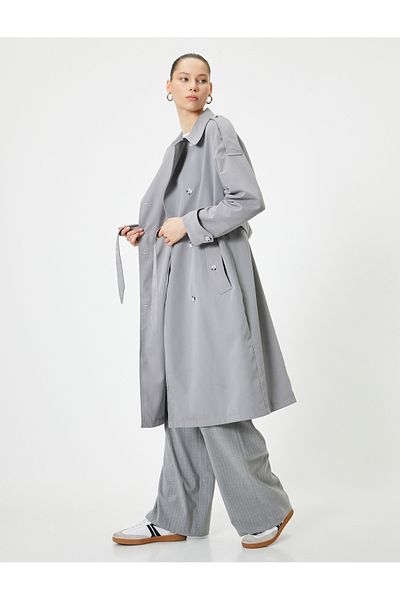 Koton Long Double Breasted Trench Coat - Button and Epaulette Detail