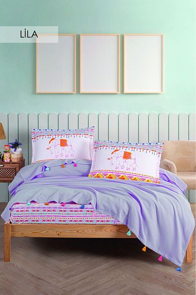 Violacasa Double 100% Cotton Tasseled Pique Set - Elephant