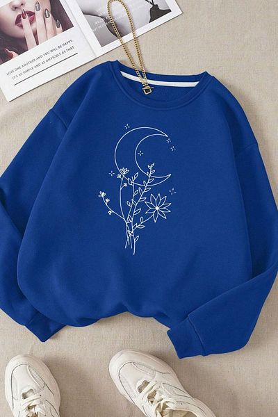 Moda Glo Βαμβακερό φούτερ Unisex Moon Printed Crew Neck
