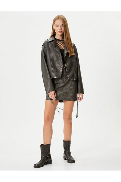 Koton Double Breasted Cutout Biker Jacket - Distressed Faux Leather and Lacing Detail