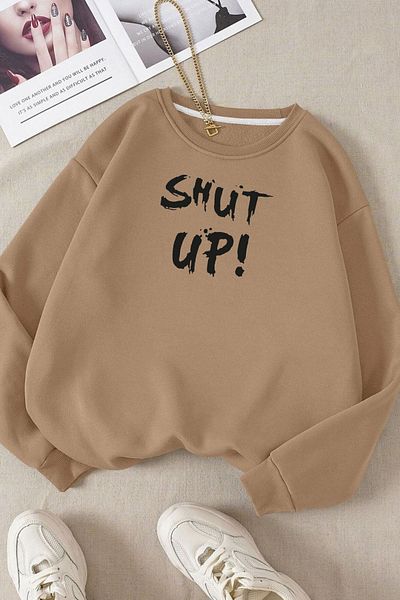 Moda Glo Унисекс памучен суичър с щампа с кръгло деколте Shut Up