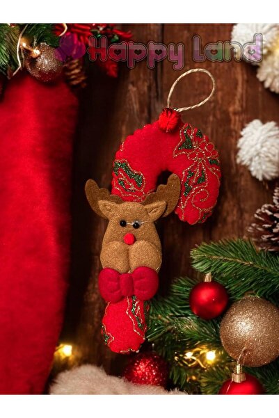 Happyland Yılbaşı Ağacı Süsü Baston Şekerli Geyik  Peluş Model Asma Süs 15cm Küçük Boy
