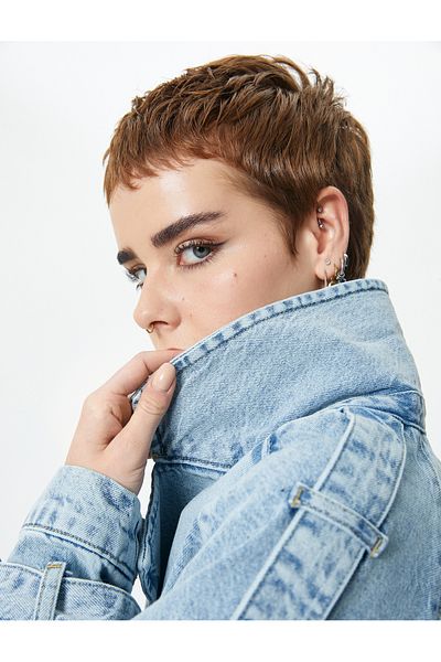 Koton Двуредно късо дънково палто с колан и детайл с еполет