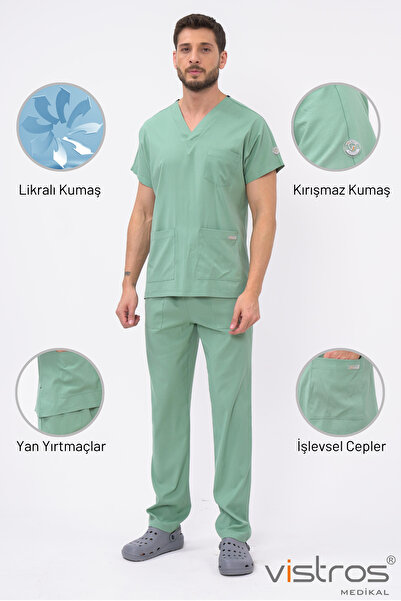 Vistros Medikal V Yaka Detaylı Unisex Çağla Yeşili Medikal Doktor Hemşire For...