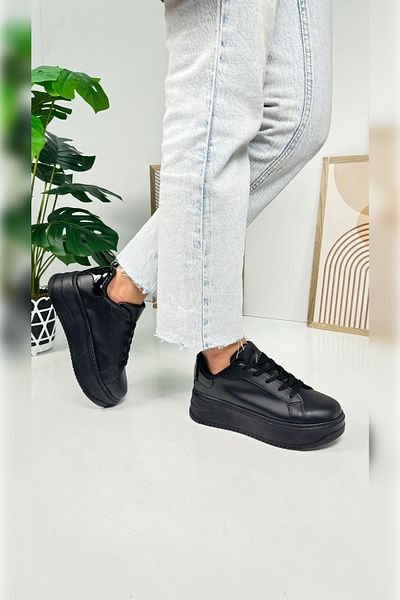 İmerShoes Pantofi de sport negri pentru femei de zi cu zi, cu șireturi, ușoare, groase, cu talpă înaltă, pantofi sport pentru mers 065