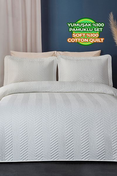 Evlen Home Collection Ross 100% Cotton Double Bedspread - Quilted Stripe, Casual Cream, Off-White