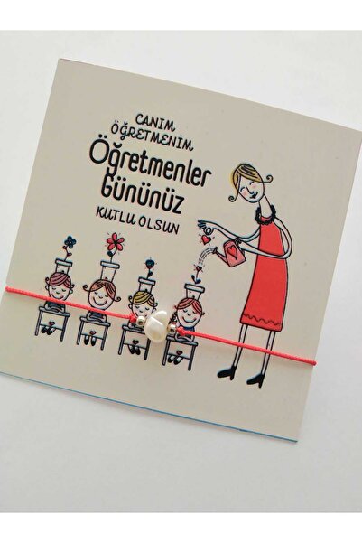 Aksesuar Hediye öğretmenler gününe özel kartlı inci bileklik kırmızı renk 12 adet
