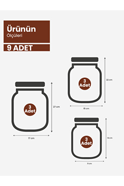 PALPAK Bakır Metal Kapaklı Kavanoz Görünümlü Saklama Poşeti 9 Adet (3 Büyük, 3 Orta, 3 Küçük)