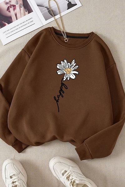 Moda Glo Hanorac unisex din bumbac cu decolteu rotund cu imprimeu cu margarete negre