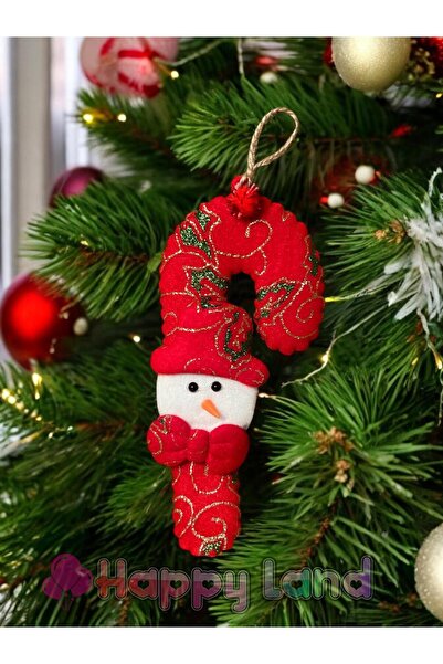 Happyland Yılbaşı Ağacı Süsü Baston Şekerli Kardanadam  Peluş Model Asma Süs 15cm Küçük Boy