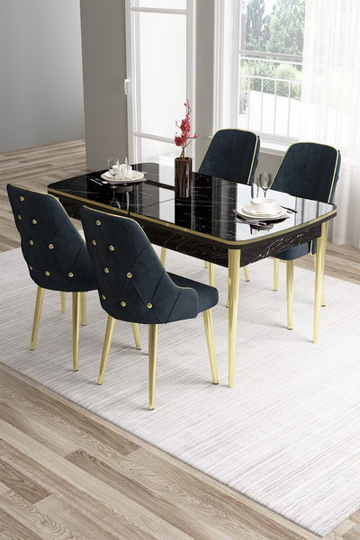 Canisa Tia Serisi 80x132 Açılabilir Mdf Siyah Mermer Desen Gold Detay Masa Ta...