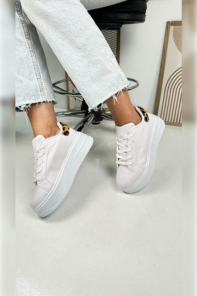 İmerShoes Pantofi casual de damă, alb, cu leopard, cu șireturi, ușoare, groase, cu talpă înaltă, pantofi sport pentru mers 065