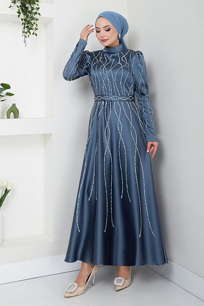 ModaMerve Blue Stone Detailed Evening Dress 5633End900-M