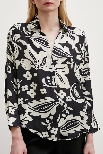Never more Floral Patterned Satin Shirt Black