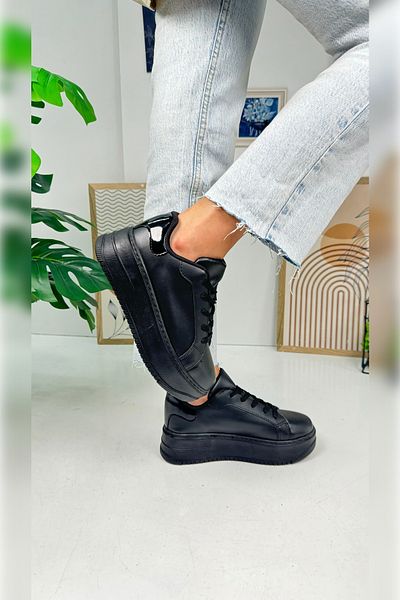 İmerShoes Pantofi de sport negri pentru femei de zi cu zi, cu șireturi, ușoare, groase, cu talpă înaltă, pantofi sport pentru mers 065
