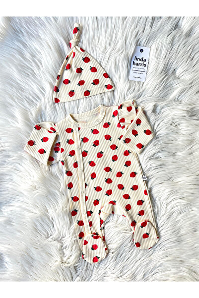 Linda Harris Strawberry Pattern Krem Şapkalı Bebek Tulum