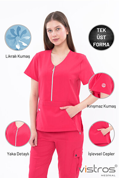 Vistros Medikal V Yaka Fermuar Detaylı Likralı Kadın Medikal Üniforma Doktor ...