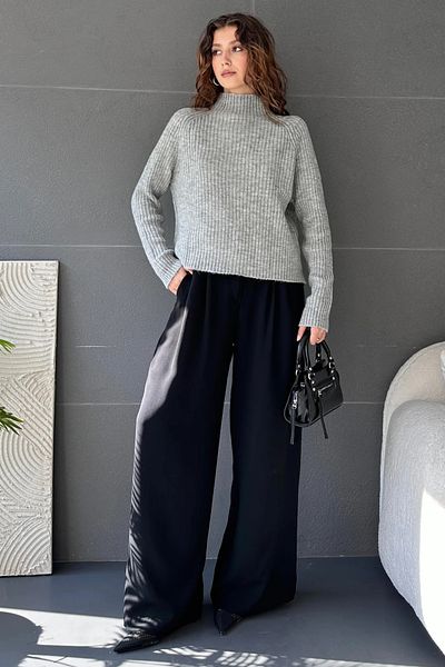 Butik Women's Gray Color Half Turtleneck Ribbed Knitwear Long Sleeve Sweater |   Trend Winter Season