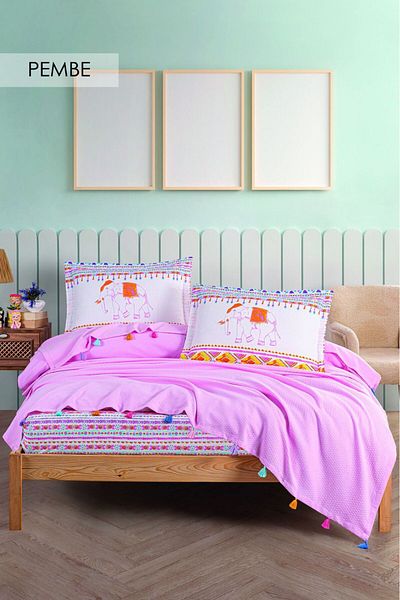 Violacasa Double 100% Cotton Tasseled Pique Set - Elephant
