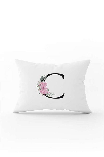Cango Home Pink Floral Black Letter Double Sided Digital Printed Throw Pillow Cover Letter C