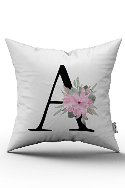 Cango Home Pembe Çiçekli Harfli Kırlent Kılıfı A Harfi