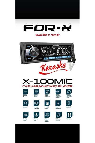 For-X X-100MIC-FM-USB-MP3-BT5.1-4X60W-2 AD WİFİ MİKROFONLU KARAOKELİ OTO TEYP