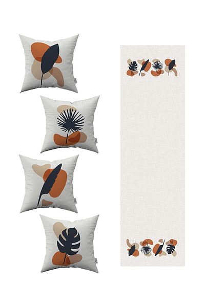Cango Home Navy Blue Orange Modern Style Leaf Patterned 4-Piece Throw Pillow Cover 1 Runner Set 4kmbs117-rs