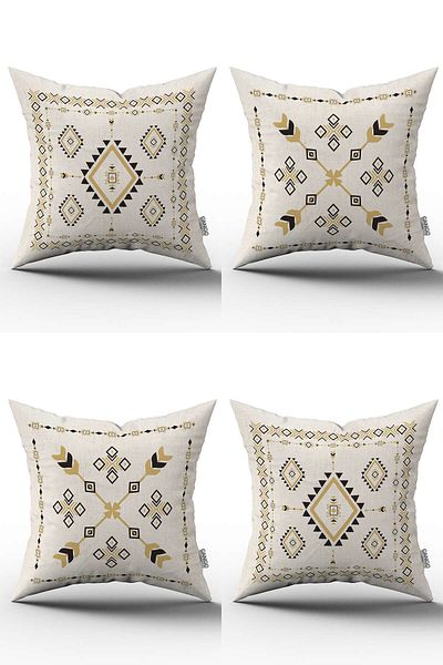 Cango Home Set de 4 huse de pernă cu model etnic Kilim negru crem - 4kmbs267