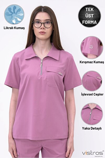 Vistros Medikal Fermuar Detaylı Unisex Doktor Hemşire Gül Kurusu Medikal Form...