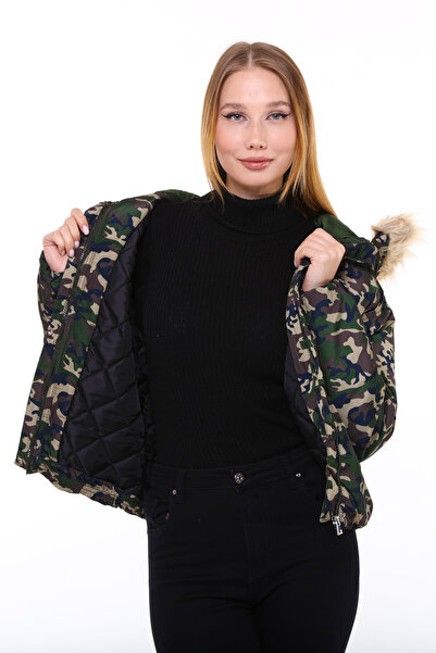 Collezione Kadın Mont Kamuflaj Desenli Kapşonlu