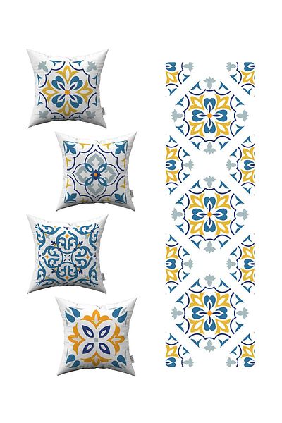 Cango Home Λευκό Μπλε Μοντέρνο Ethnic Πλακάκι με μοτίβο 4 τεμαχίων Κάλυμμα μαξιλαριού ριχτάρι 1 Σετ δρομέα 4kmbs100-rs-03