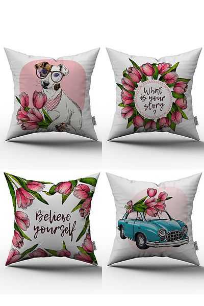 Cango Home Set de 4 huse de pernă cu model decorativ cu flori alb, roz, imprimate digital - 4kmbs051