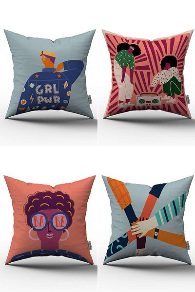 Cango Home Pink Blue Women's Figured 4-Piece Digital Printed Throw Pillow Cover Set - 4kmbs046