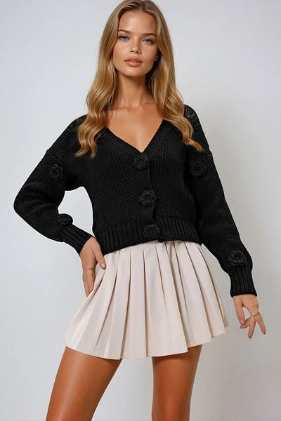 VAGGON Black V-Neck Rose Detailed Knitwear Winter Cardigan - Prm1325