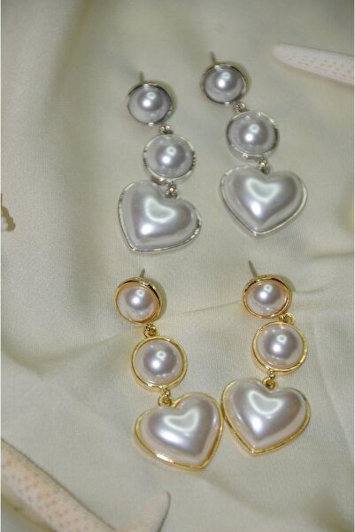 İPAR AKSESUAR Triple Pearl Heart Metal Silver Earring