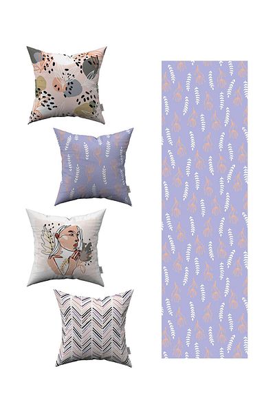 Cango Home Liliac roz abstract cu model decorativ 4 piese husă de pernă 1 set de alergători 4kmbs052-rs-01
