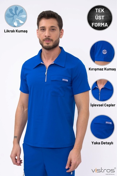 Vistros Medikal Fermuar Detaylı Unisex Doktor Hemşire Saks Mavi Medikal Forma...
