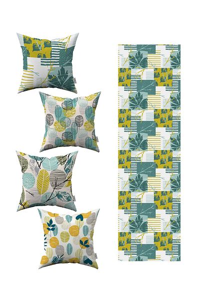 Cango Home Yellow Green Decorative Leaf Patterned 4-Piece Throw Pillow Cover 1 Runner Set 4kmbs289-rs-3