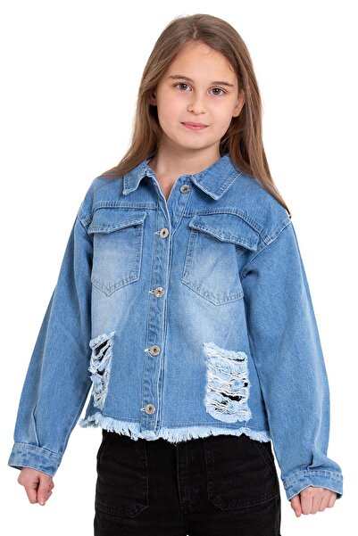 zepkids Shirt Collar Long Sleeve Back Butterfly Embroidered Blue Color Girl's Jean Jacket
