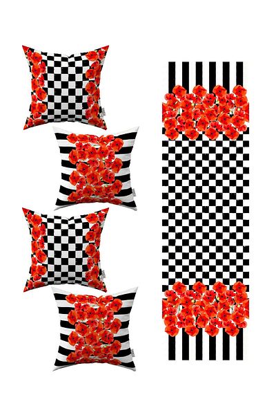Cango Home Red Black Checkered Striped Floral Patterned 4-Piece Throw Pillow Cover 1 Runner Set 4kmbs261-rs