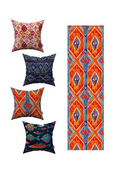 Cango Home Orange Blue Abstract Decorative Patterned 4-Piece Throw Pillow Cover 1 Runner Set 4kmbs063-rs-02