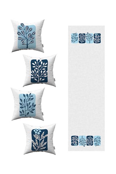 Cango Home Husă de pernă decorativă modernă, albastru, alb, cu model de frunze, 4 piese, 1 set de alergători 4kmbs125-rs
