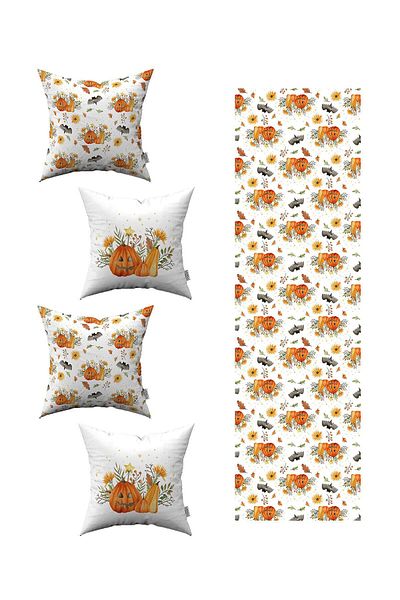 Cango Home Orange Halloween Pumpkin Patterned 4-Piece Throw Pillow Cover 1 Runner Set 4kmbs131-rs