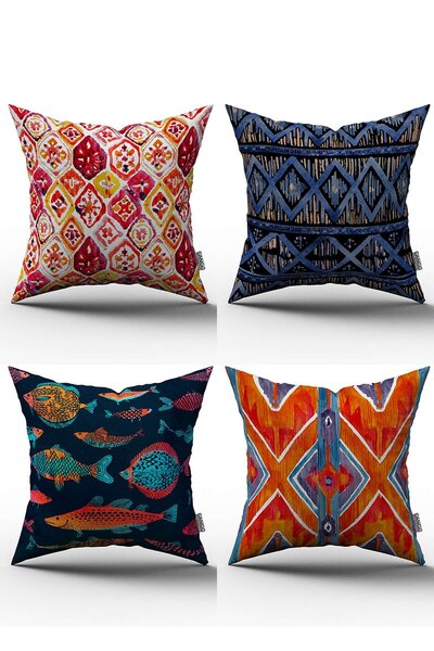 Cango Home طقم غطاء وسادة مطبوع رقميًا مكون من 4 قطع باللون البرتقالي والأزرق الداكن - 4kmbs063