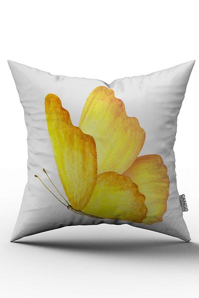 Cango Home White Yellow Butterfly Patterned Digital Printed Throw Pillow Cover - Otyk751