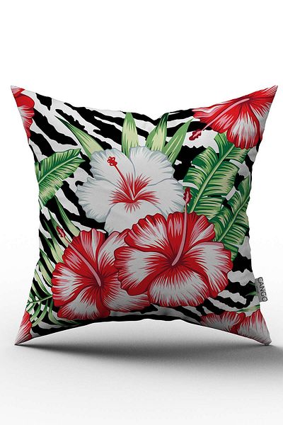 Cango Home Husă de pernă neagră roșie cu model de flori tropicale imprimate digital - Otyk466