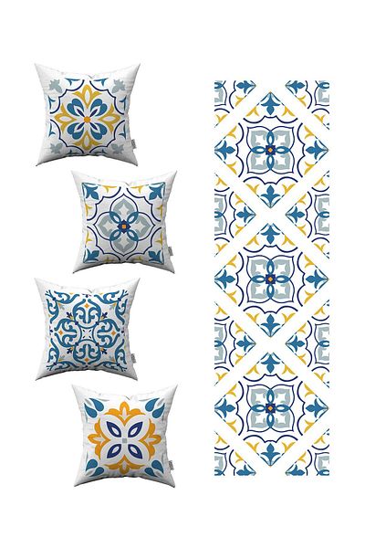 Cango Home Λευκό Μπλε Μοντέρνο Ethnic Πλακάκι με σχέδιο 4 τεμαχίων Κάλυμμα μαξιλαριού ριχτάρι 1 Σετ δρομέα 4kmbs100-rs-01