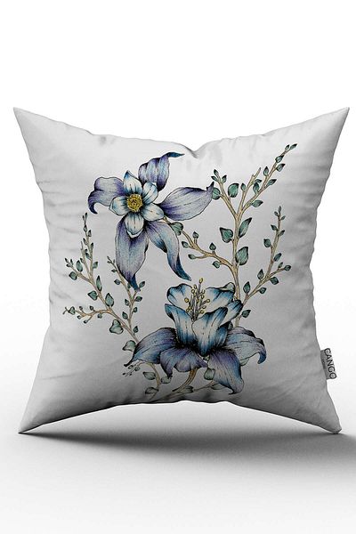 Cango Home Double Sided White Blue Floral Patterned Digital Printed Throw Pillow Cover - Otyk798-Ct