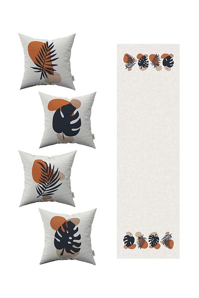 Cango Home Navy Blue Orange Bohemian Style Leaf Patterned 4-Piece Throw Pillow Cover 1 Runner Set 4kmbs109-rs